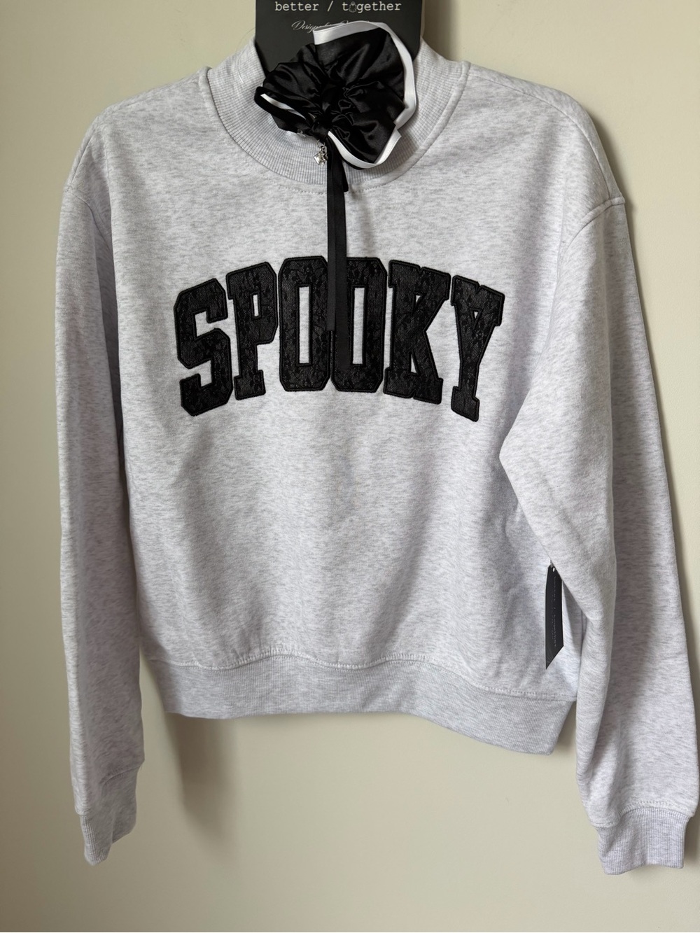 Gray Black SPOOKY lace Embroidered mock neck Sweatshirt with scrunchie